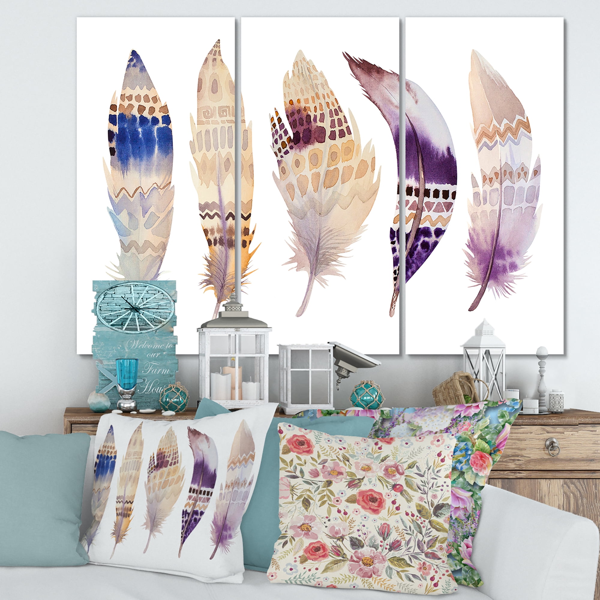 Designart ' Ethnic Purple Boho Art Feathers ' Bohemian & Eclectic Canvas Wall Art Print