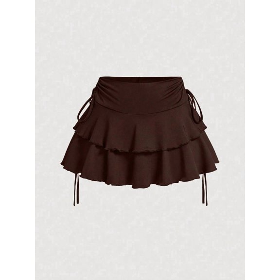 Women's Drawstring Waist Skirt, Ruched High Waist Mini Skirt with Ruffle Hem and Tiered Layer, Fitted Regular Fit Bottoms for Commute and Daily Wear