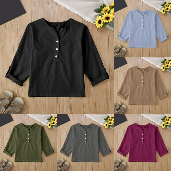 Mgmyaa Girls Cotton Linen Long Sleeve Casual T-Shirts Tops with Half Button for Middle & Big Kids
