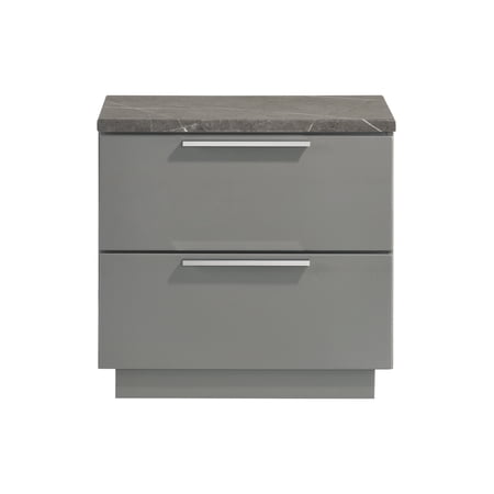 Nightstand with 2 Drawers Modern Acacia Wood Bedside Table with High-Gloss Gray Lacquer and Marble Pattern Top Red Velvet Lined Drawer and Metal Legs for Contemporary Bedroom