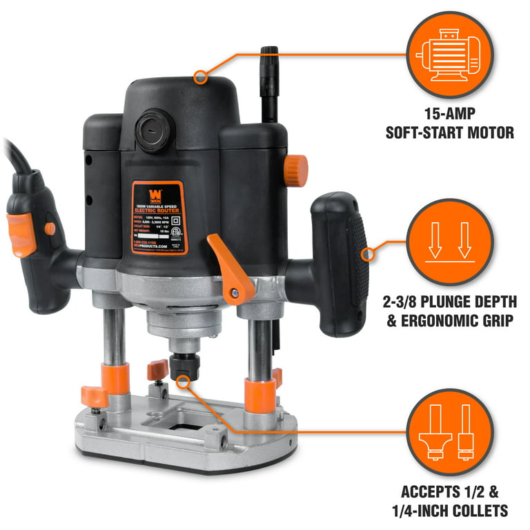 Black & Decker router - W, case of router bits behind counter