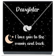 SheridanStar Daughter Moon Heart Necklace Jewelry Gift from Dad, Mom, Mother, Father, I Love You To The Moon and Back, Birthday, Christmas, Stocking Stuffer Girls, Teens, Women (Silver Tone)