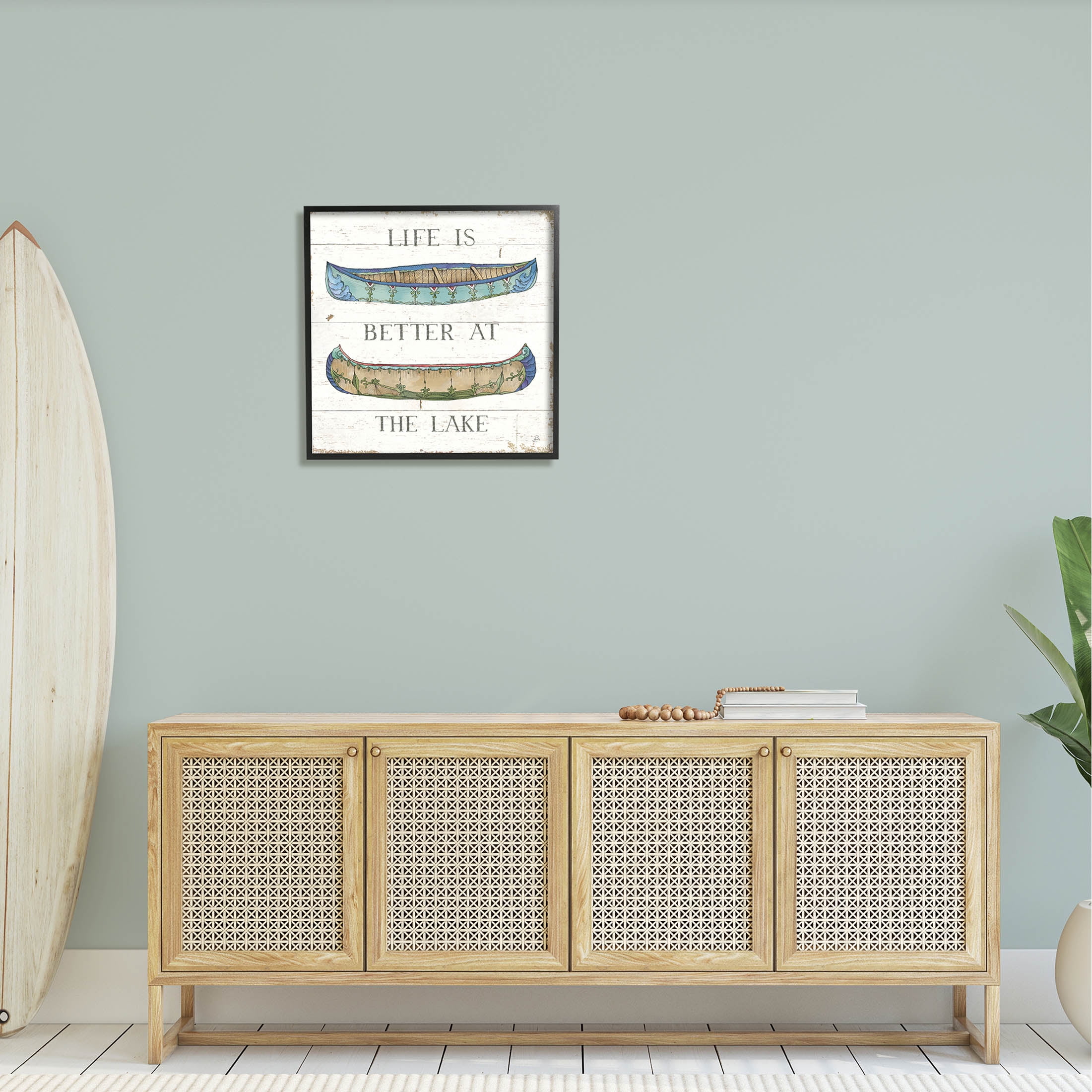 Stupell Industries Life Better at Lake Weathered Canoes Graphic Art Black Framed Art Print Wall Art, Design by Daphne Brissonnet