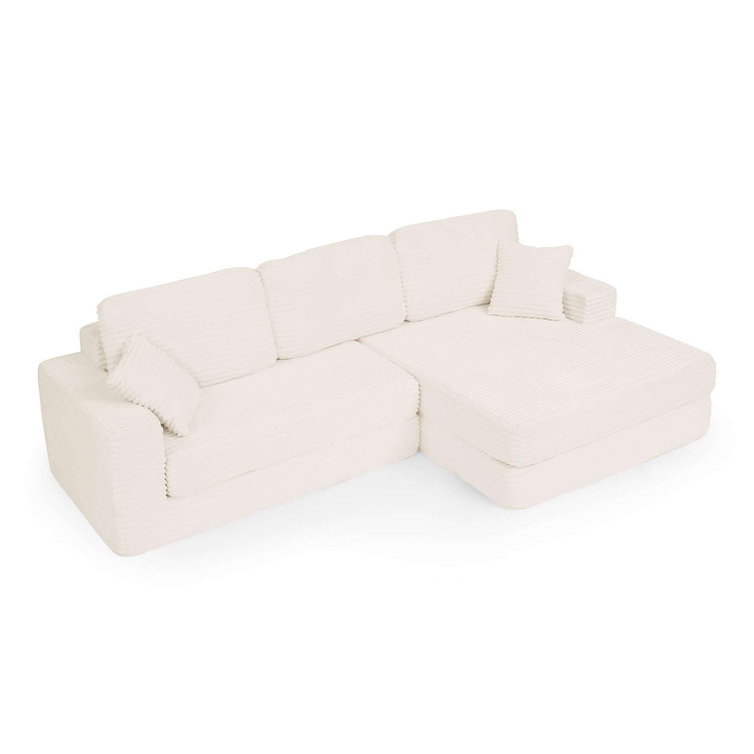 Demi Bonn 111" L Shaped Modular Sectional Sofa, Modern Corduroy Couch with Comfy Right Seat, Unfolds into Bed for Living Room, Beige