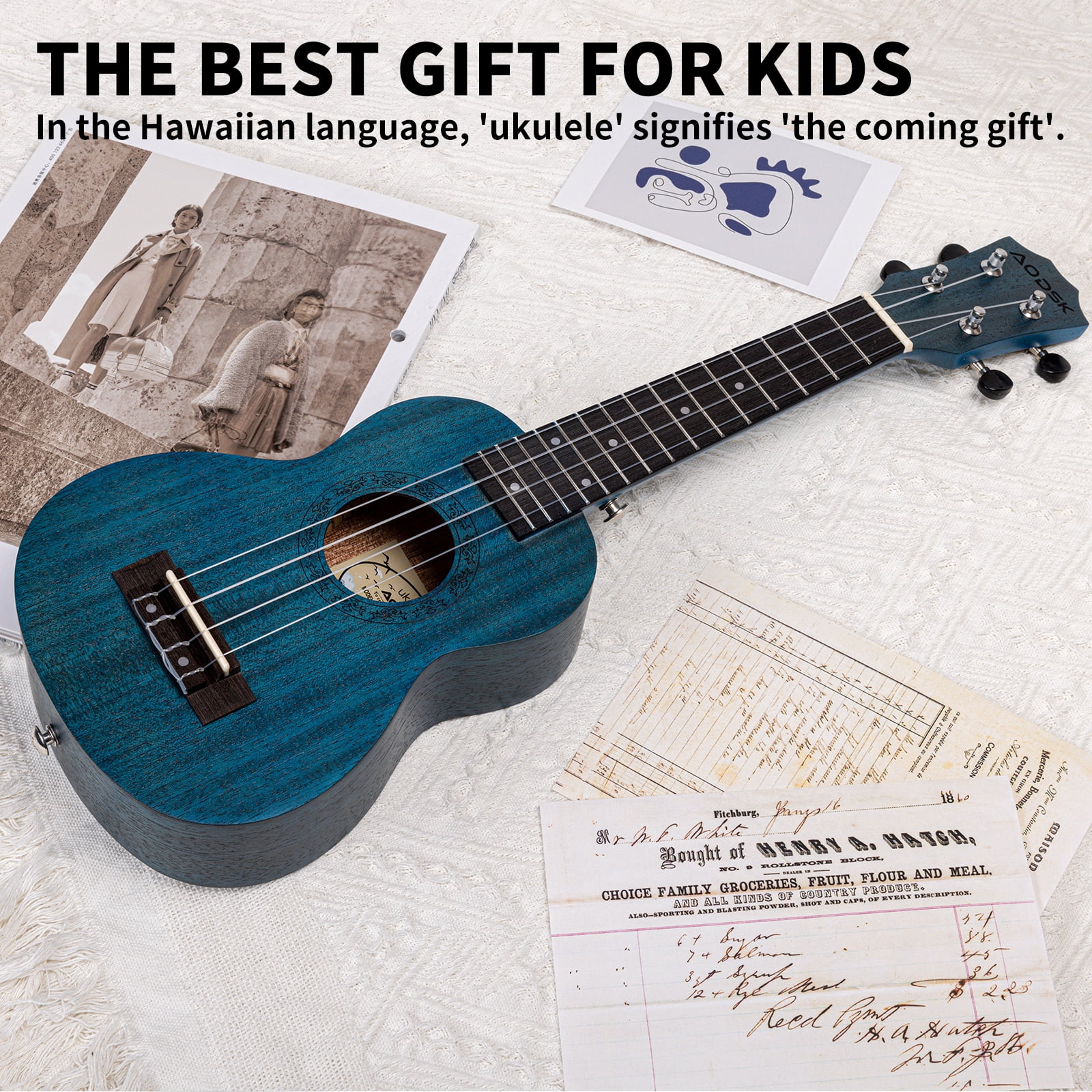 AODSK  21"  Ukulele Kit with Case, Clip-On Tuner, Strap, Nylon Strings, Picks, Online Lesson, Ukelele Beginner Series (Blue)