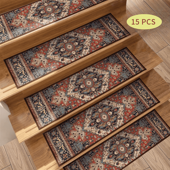 ZHUYZ Non Slip Stair Treads for Wooden Steps, 15 Pack 8"x30" Carpet Stair Treads with Boho Pattern Carpet for Home Safety Decor, Washable Rugs with Rubber Backing for Elders Kids and Dogs