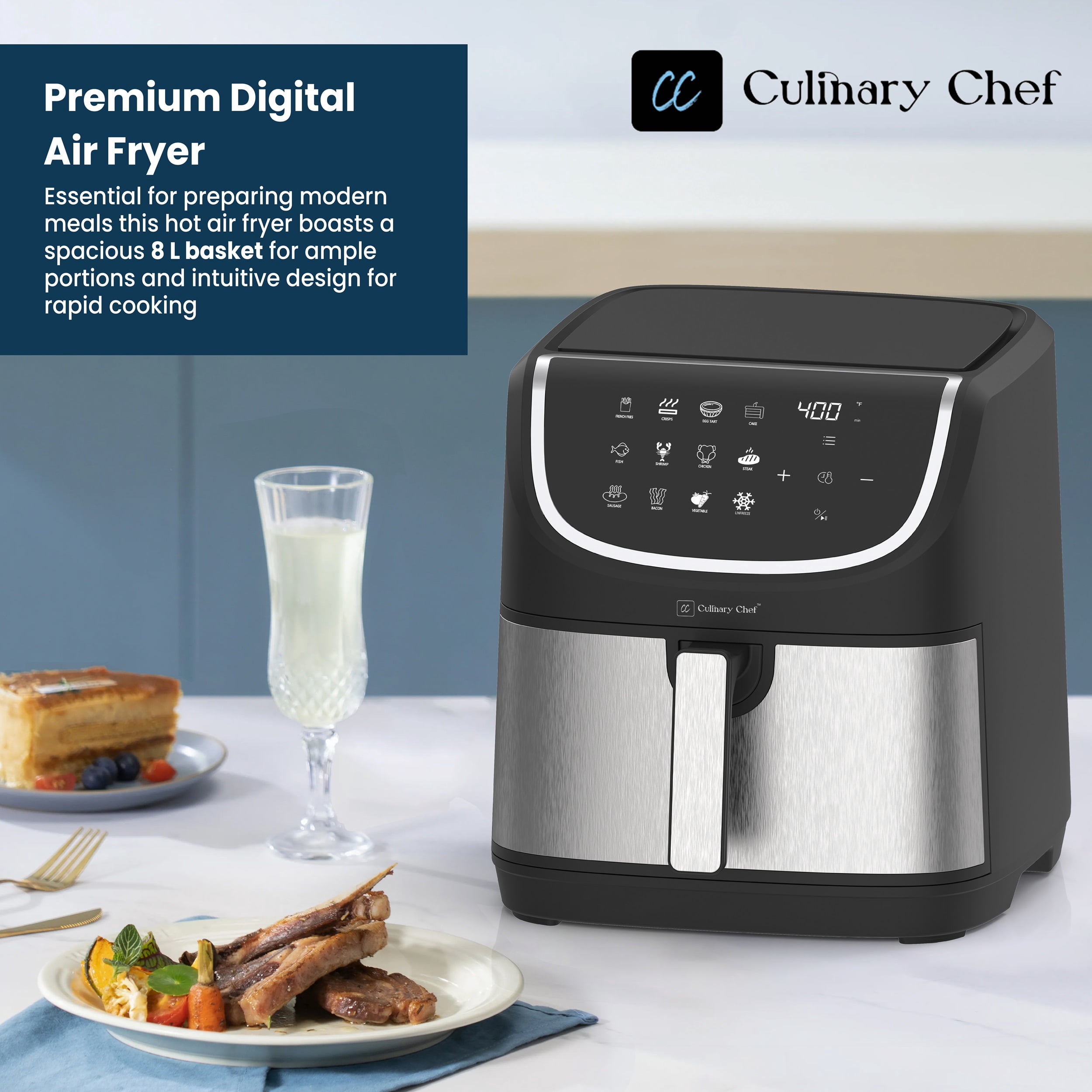 Culinary Chef 8.45-Quart Electric Air Fryer, Adjustable Temperature, Touch Panel Control, One-Touch Cook Functions, and 360° Rapid Cooking, 1700 Watt Power