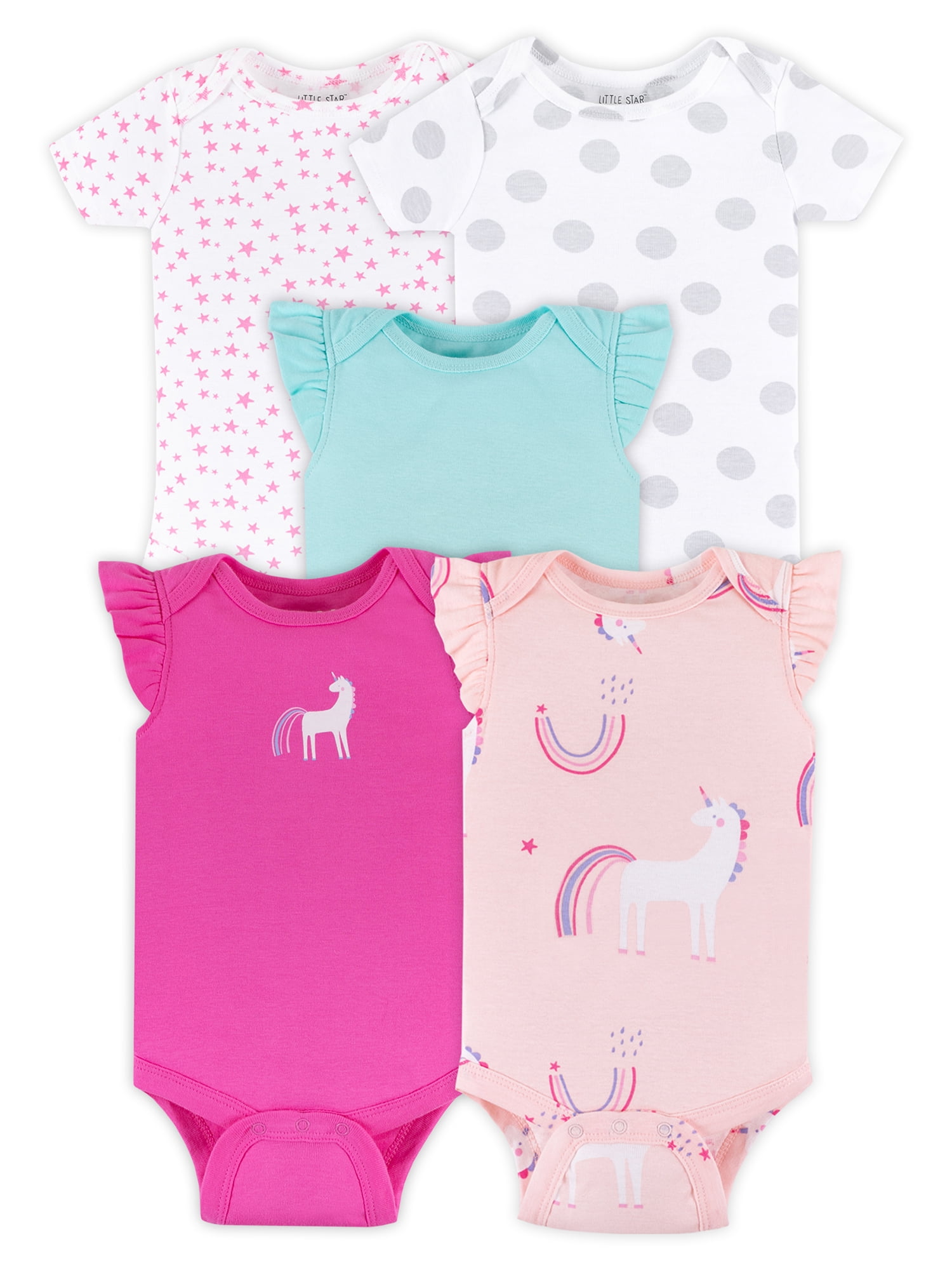 Little Star Baby Girl 5Pk Short Sleeve Bodysuits, Size Newborn-24M