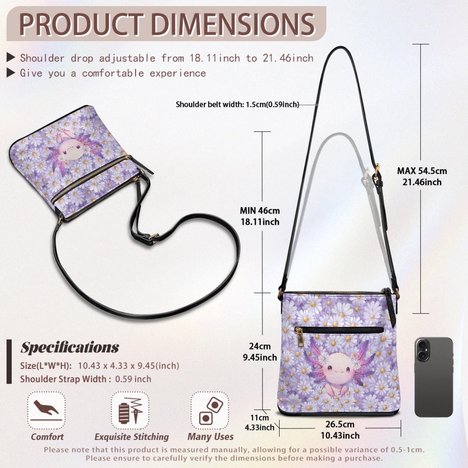ZUXONGSY Axolotl Daisy Flower Print Lightweight Crossbody Bags for Women Multipurpose Multiple Pockets Bag Satchel Casual Travel Purse with Adjustable Strap for Shopping Working