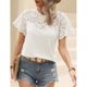 thumbnail image 3 of Camiseta de mujer Cuello redondo Manga corta Color puro Costuras de encaje para viajes al aire libre Blanco M, 3 of 8