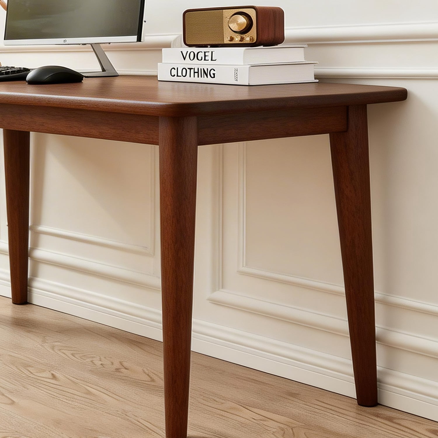 Solid Rubberwood Writing Desk 63" Mid Century Modern Small Computer Desk for Bedroom Office Study Walnut Compact Work Table