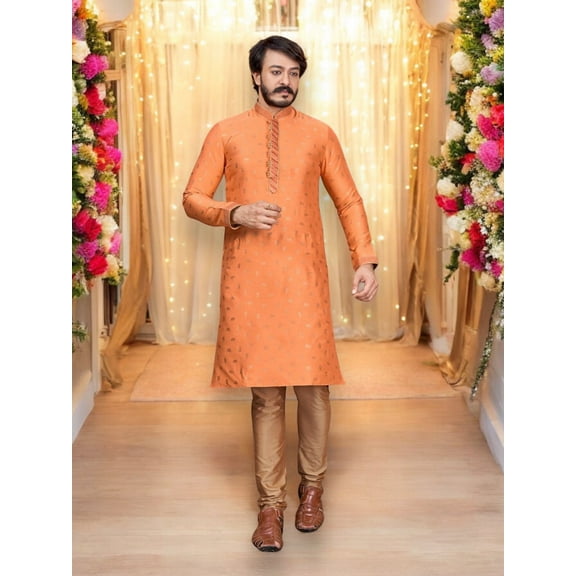 Orange Delight: Party Wear Jacquard Silk Kurta Pajama– Cultural Wear for Mens