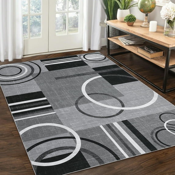 Modern Washable Area Rug 8x10 Contemporary Geometric Circles Carpet with Non-Slip Backing for Living Room, Low Pile Indoor Floor Mat for Home Office, Grey