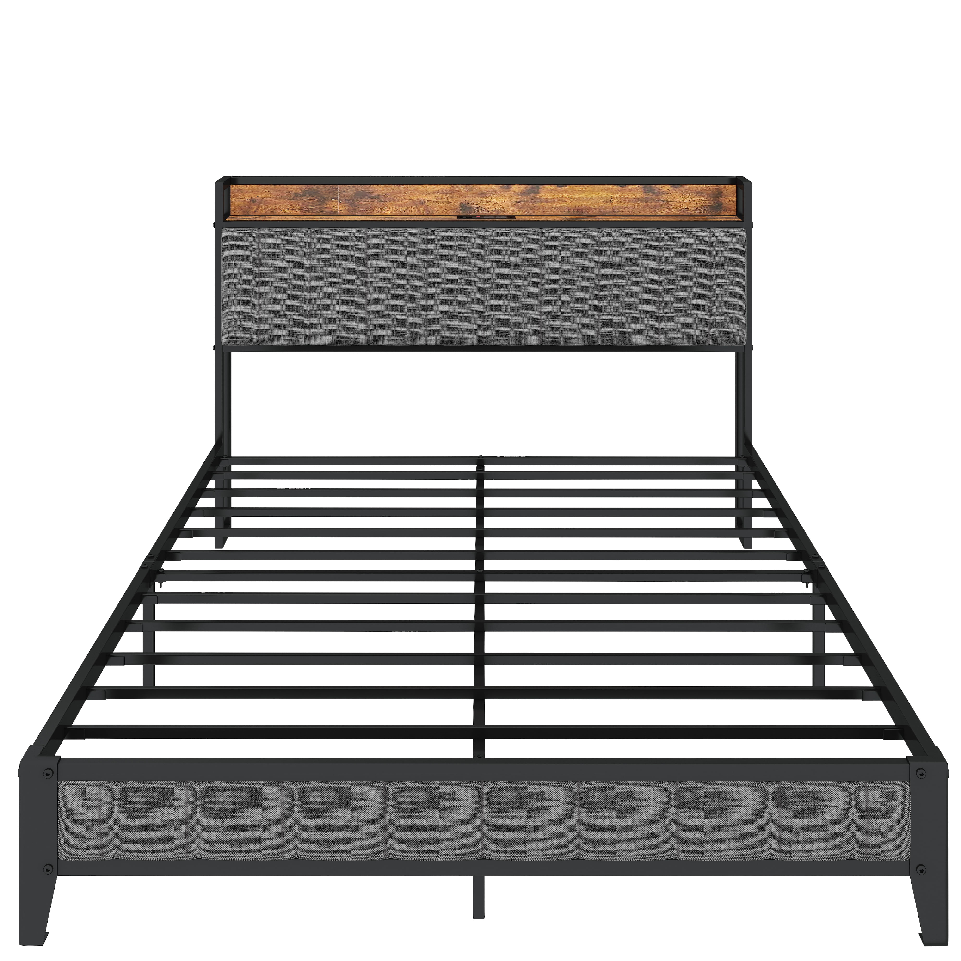 Yoneston Queen Size Metal Bed Frame with Upholstered Headboard and Charging Station for Adults, No Box Spring Needed, Dark Gray