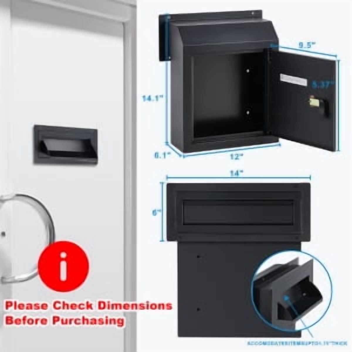 EastVita Through-The-Door Mail & Package Drop Box | Steel Construction with Combination Lock | 14x6x14in Black Security Mailbox for Packages, Newspapers & Key Storage