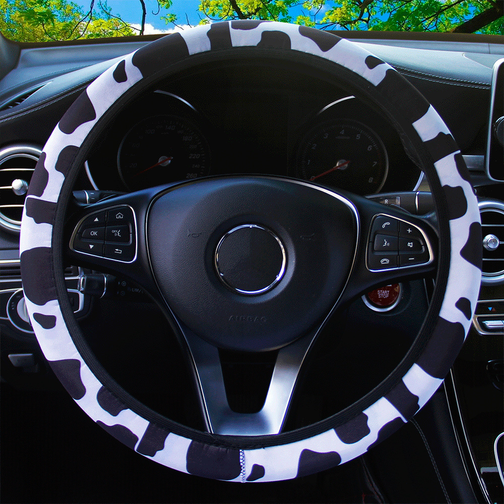 UHUSE Elastic Steering Wheel Cover, 15"Stretch Elastic Cow Pattern Steering Wheel Cover Car