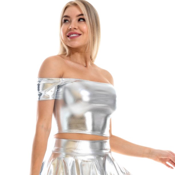Más Tamaño Camisetas Sin Mangas Para Las Mujeres Camiseta de tirantes corta ajustada con de cuero de color liso y manga corta con hombros descubiertos para mujer (Silver, XL)