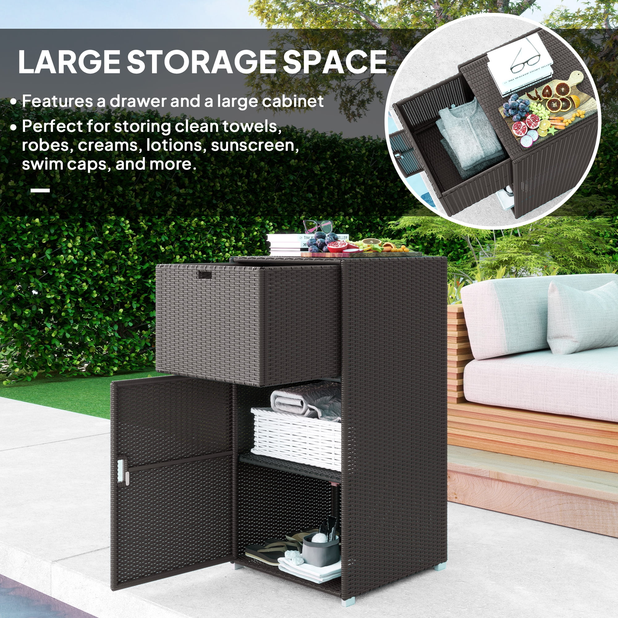 Outdoor Storage Cabinet with Drawer, Dark Brown PE Rattan, 23.6" L x 23.6" W x 47.2" H