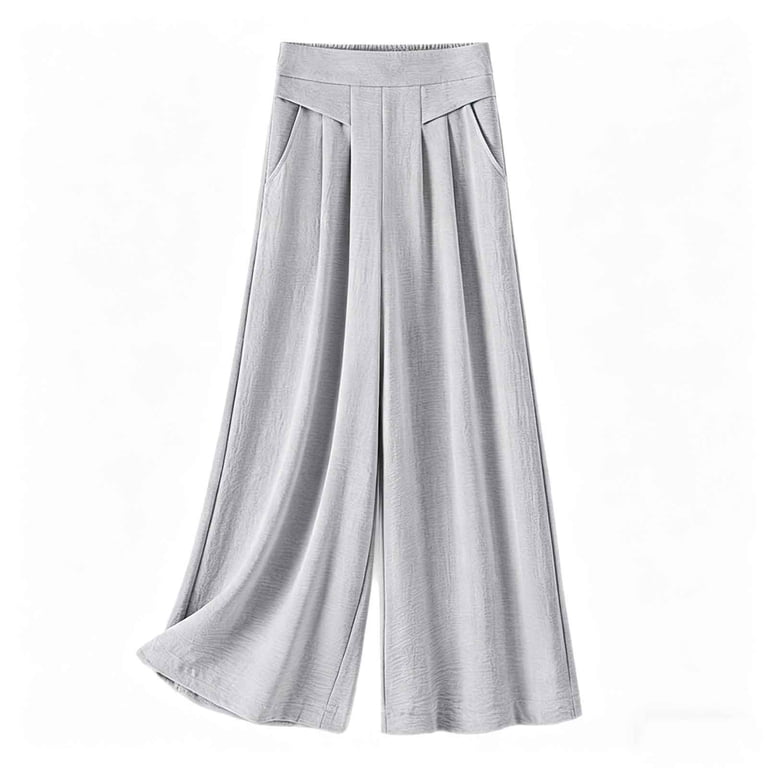 Oiangi Women's Flowy Dress Pants High Waist Anti-Wrinkle Trousers Casual Pleated Wide Leg Pant with Pockets Gray 3XL