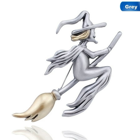 Fancyleo Metal Witch Riding A Broom In Flight Painted Yellow Oil With Hat Brooch Halloween Gift
