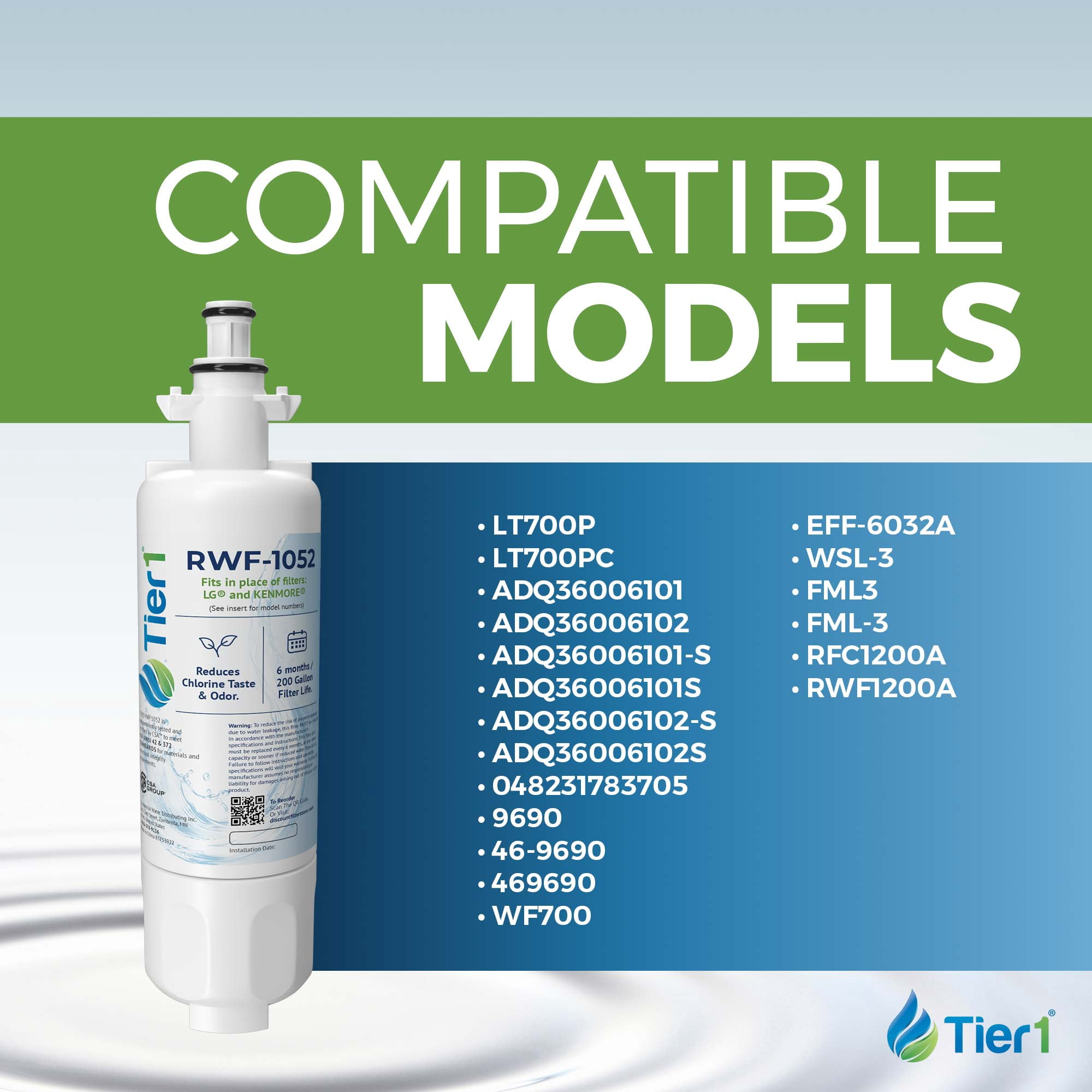 Tier1 RWF1052 ADQ36006101 Refrigerator Water Filter | Replacement for LG LT700P & Kenmore 9690 Fridge Filter - Up to 24 Months Supply | Easy Install | Odor Control | Great Tasting Water (4-pk)