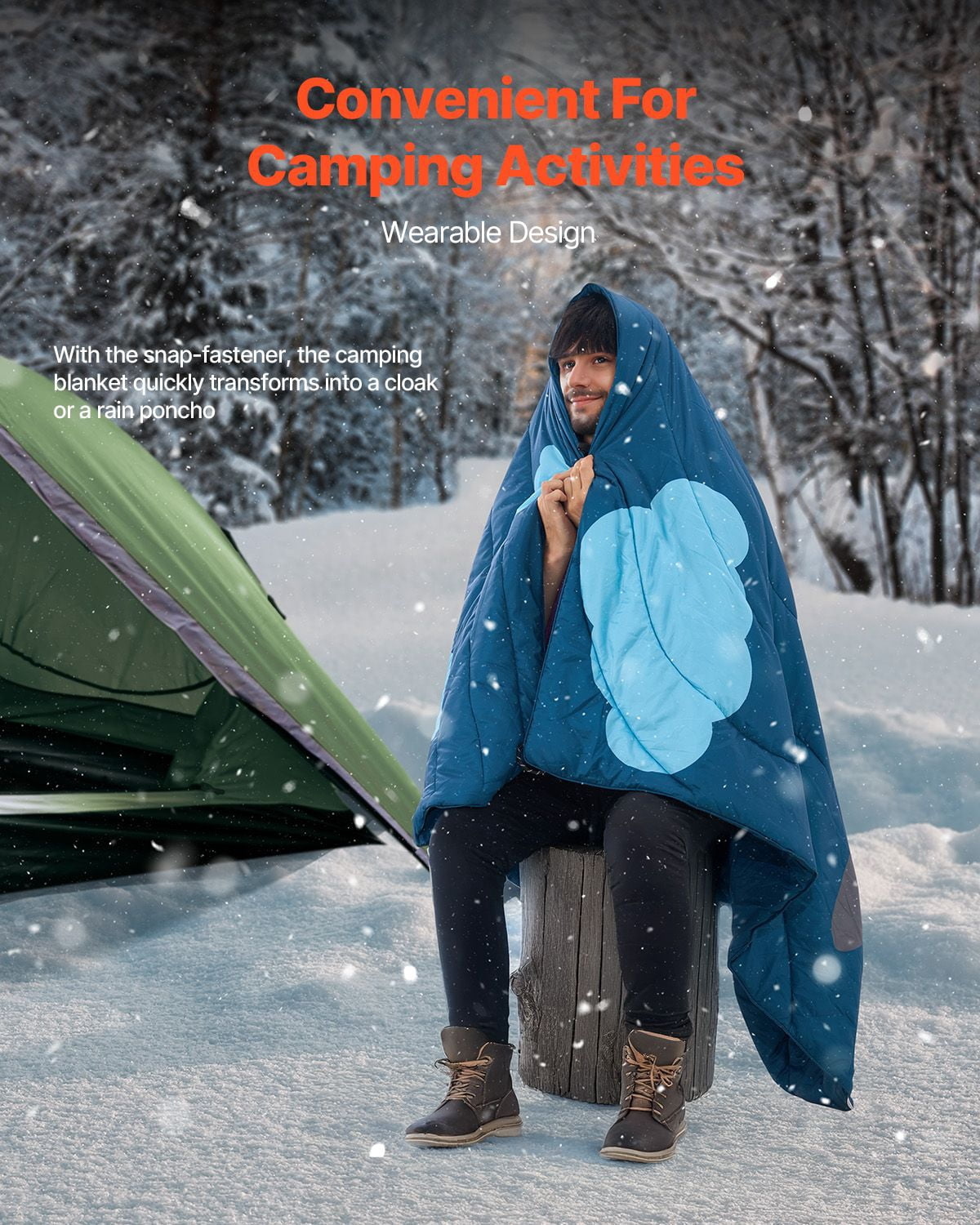 Wearable Camping Blanket 75x52 Inch, PU1500 Waterproof Polyester, 220GSM Fleece Inner, Lightweight 1.76 lbs, Snap Buckle Design for Outdoor Cloak Travel