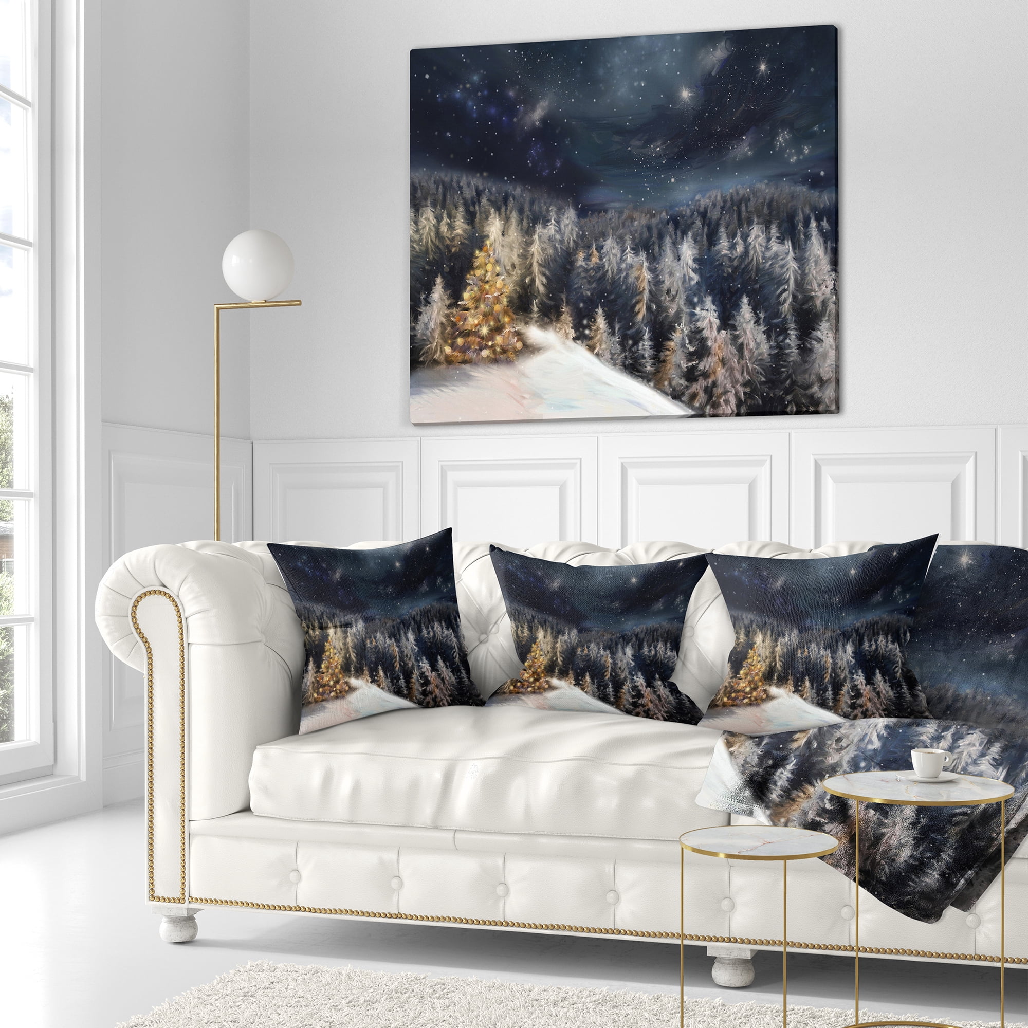 Designart Night Forest Christmas Tree - Landscape Printed Throw Pillow - 18x18