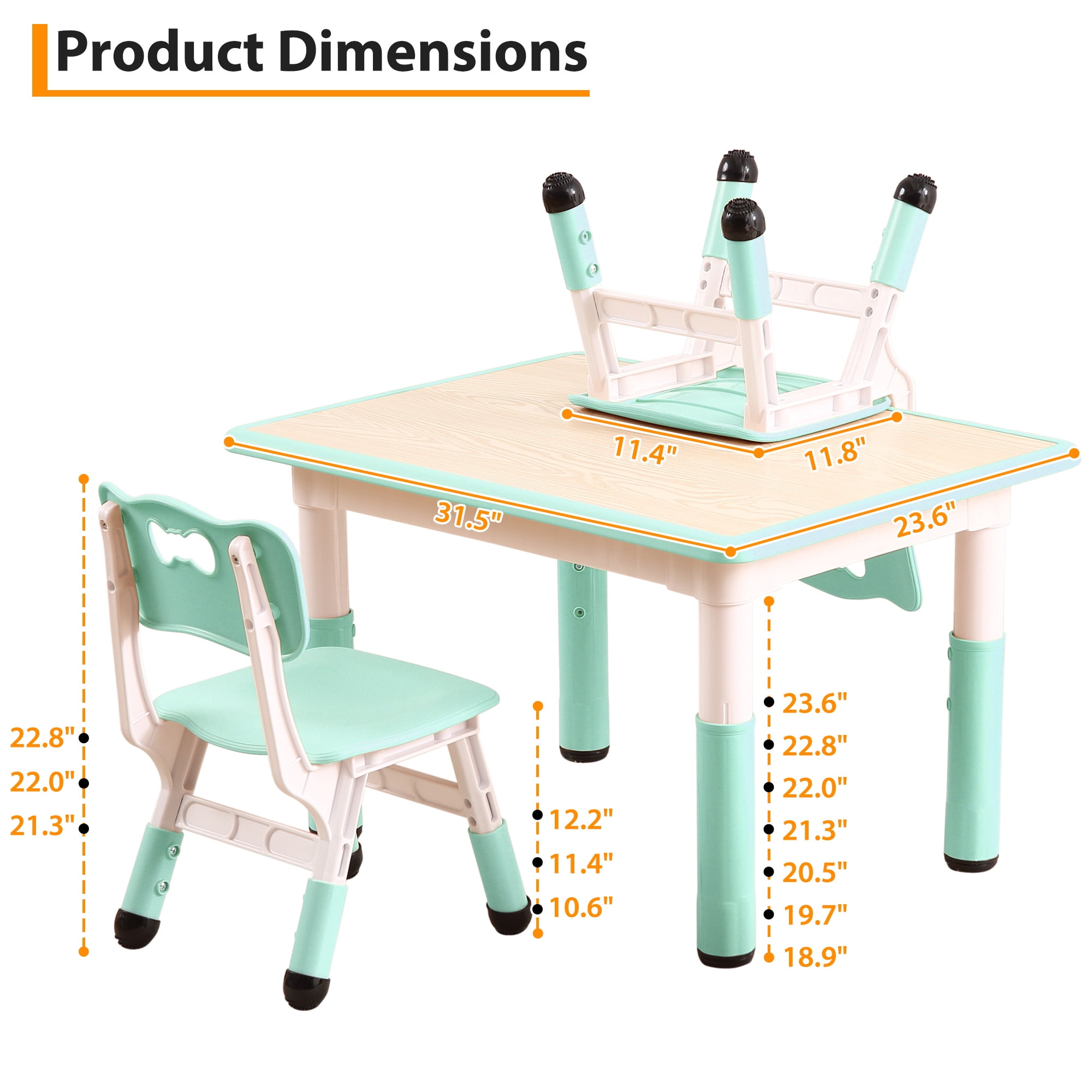 Toddler Table and Chair Set, Height Adjustable Kids Table and Chair Set of 4, Toddler Table for Reading, Drawing, Eating, for Ages Over 3, Light Blue