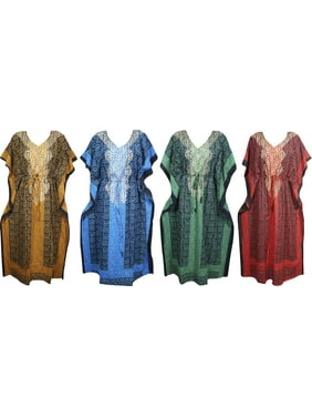 Mogul 4PC Womens Cotton Kimono Caftan Printed Beach Cover up Resort Wear Summer Style Maxi Kaftan Dress 4XL