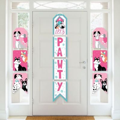Pawty Like a Puppy Girl - Hanging Vertical Paper Door Banners - Pink Dog Baby Shower or Birthday Party Wall Decoration Kit - Indoor Door Decor