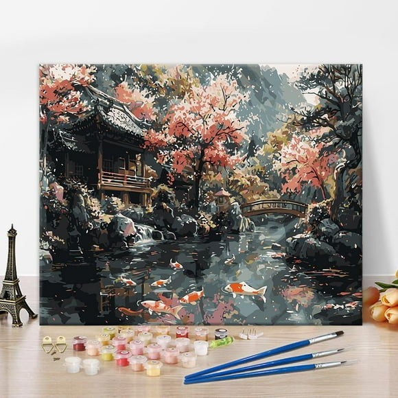 shiyou-Tranquil Japanese Garden Paint by Numbers, Cherry Blossom Trees Paint by Numbers Kit for Adults, Koi Fish Retro Art DIY Paint by Number for Adults Beginners Enthusiasts 16x20inch Frameless