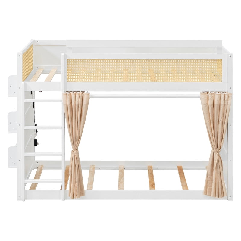 Twin-Over-Twin Bunk Bed with Bedside 3-Tier Storage Bookshelf, Teens/Kids Rattan Guardrail Bed Frame with Curtain & Light
