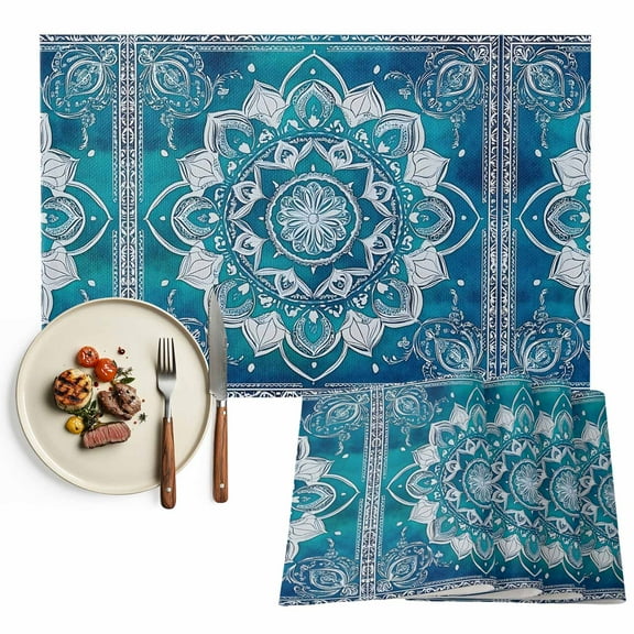 Boho Retro Placemats Set of 8, Ethnic Tribal Floral Pattern Table Mats Washable Heat-Resistant Non-Slip Place Mats for Kitchen Dinner Table Indoor Outdoor Decor,13x19 Inch Teal