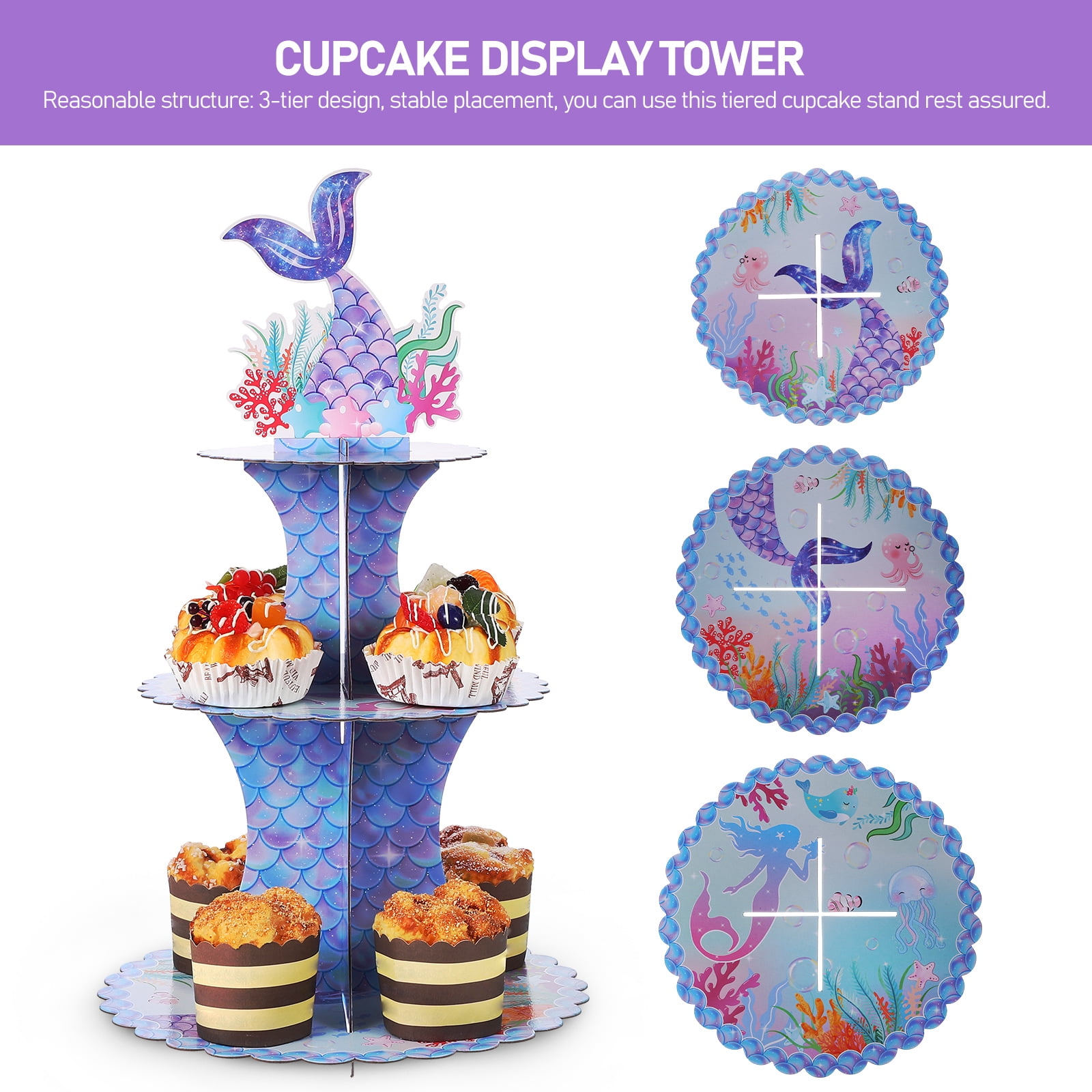 Lide Road Mermaid Theme 3-Tier Cupcake Stand - Cardboard Display For Parties, Birthdays, Weddings