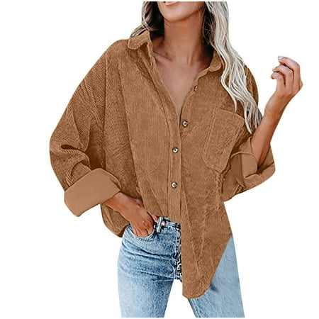 

Bospose Long Sleeve Shirt Women Womens Corduroy Shirt Corset Top Brown Top Women S Buttoned Cardigan Lapel Loose Padded Shirt Tops Lady Pocket Single-Breasted Lapel Top/Shirt S