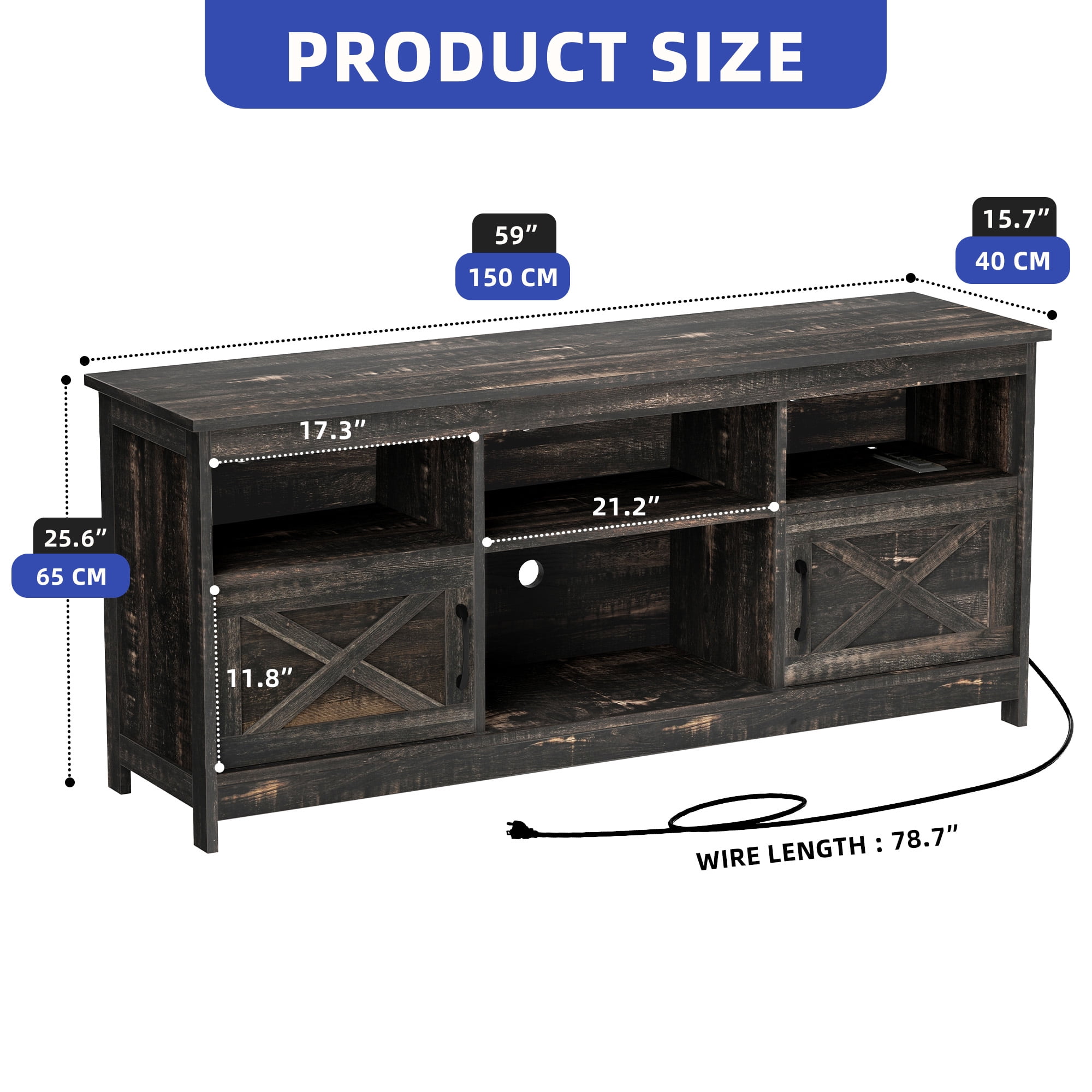 ModFusion Rustic Black TV Stand with Support for 70" Screens, Dual Doors with Magnetic Hinges, Adjustable Shelves, LED Lighting, Cable Management, Freestanding Design, and 300 lb Capacity