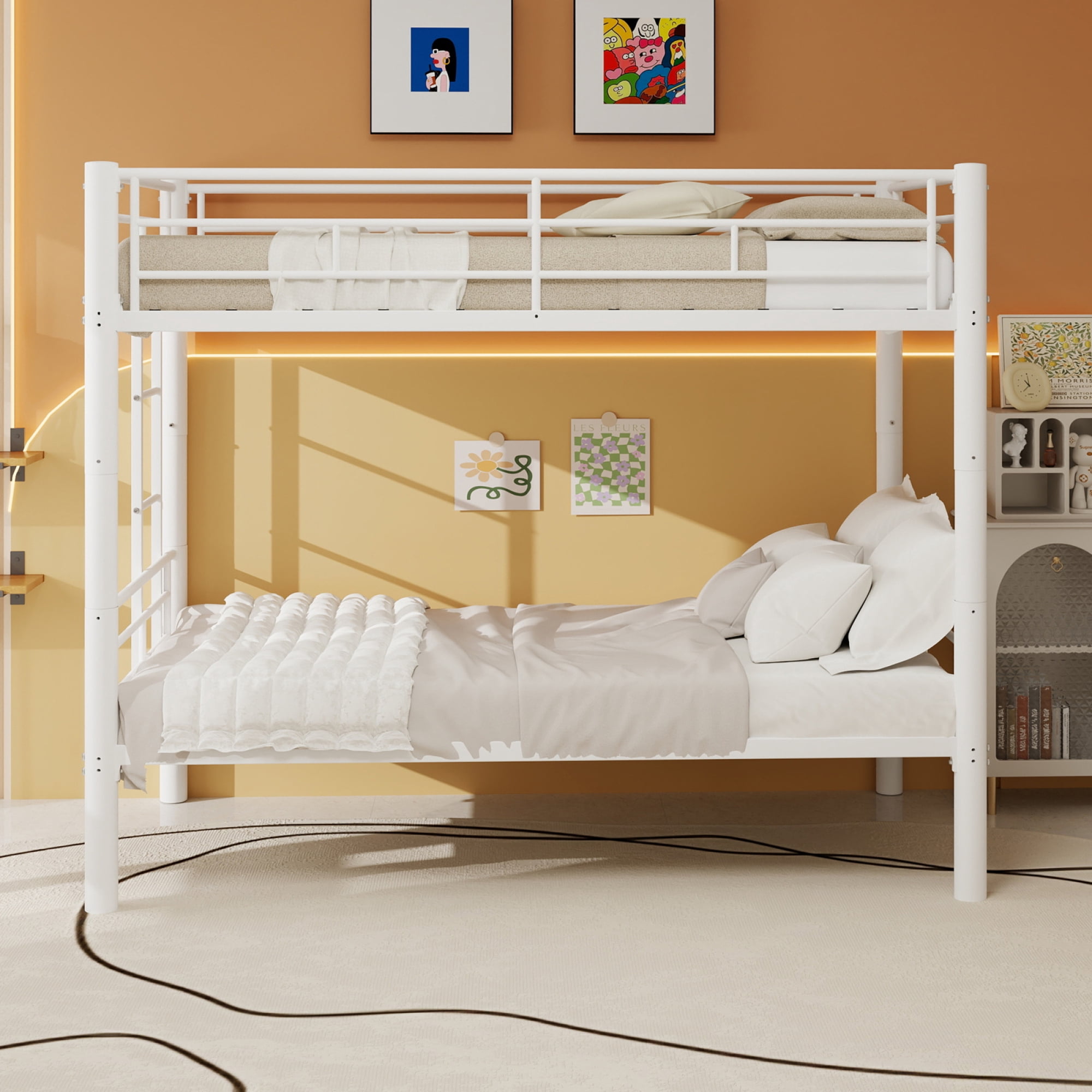 Twin over Twin Bunk Bed with Ladder and Safety Guardrails, Metal Bunk Bedframe for Kids Boys Girls, can be convertible into 2 Beds, No Spring Box Required