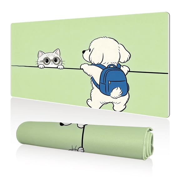 LIVEKEY Mouse Pad 80x40cm Extra Large Non Slip Stitched Durable Easy Clean Cute Cat Dog Green Background for Gaming Office