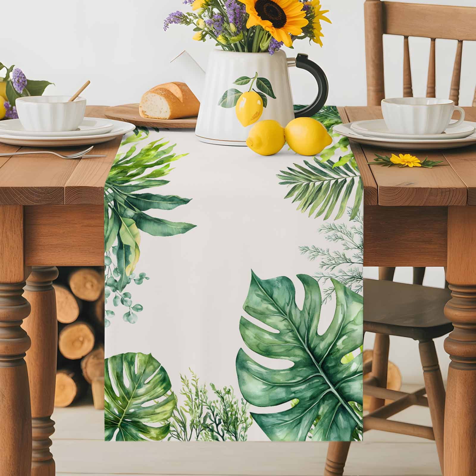 Summer Tropical Plants Palm Leaf Table Runner 90 Inches Long, Green Watercolor Leaves Table Runners Tabletop Scarf Kitchen Dining Tables Decoration for Home Party Indoor Outdoor