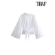 thumbnail image 4 of TRAF-blusa Kimono de manga larga para mujer, camisa con pajarita, botón frontal, Tops elegantes, moda, 4 of 5