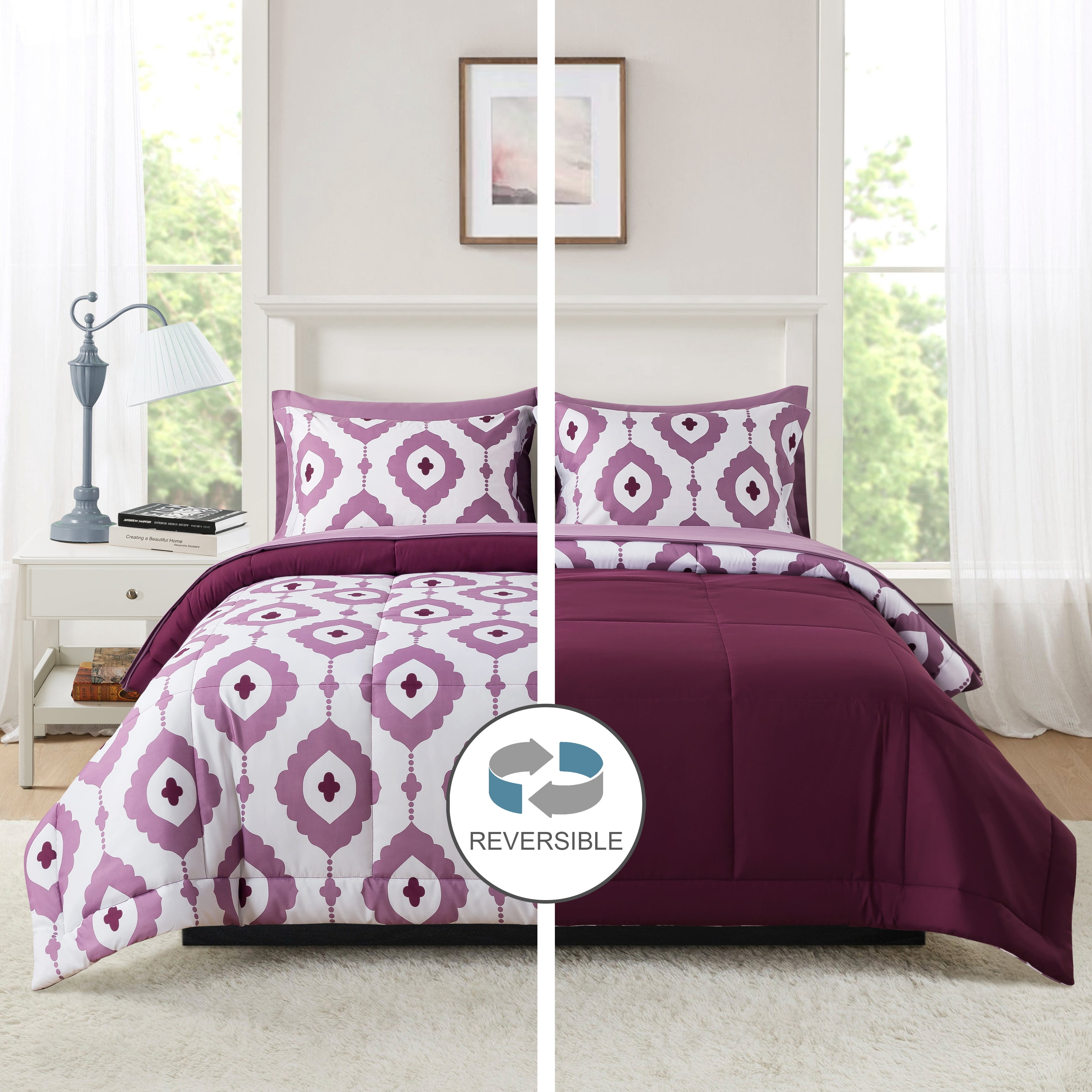Mainstays All in One Reversible Comforter and Sheet set- 7 Piece, Full, Purple Geo