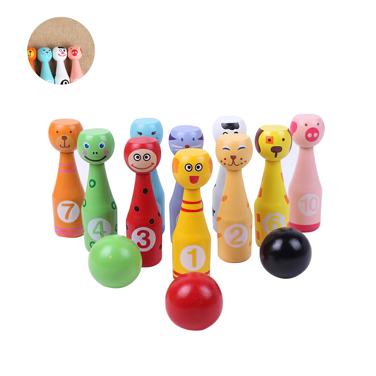 New Wooden Cartoon Animals Bowling Set for Kids 9 Pins 1 Ball Family Fun Game 