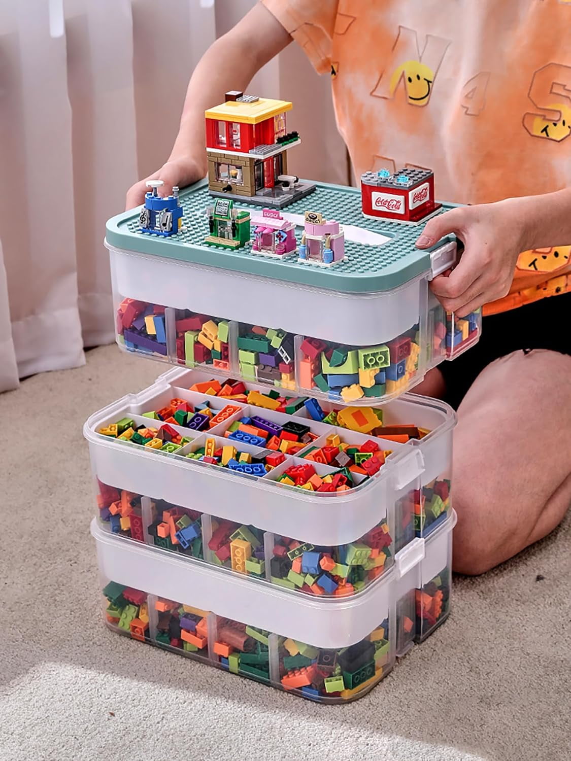Plastic Storage Organizer for Lego Box Kids Child Toy Stackable Containers with Lids Bins 3 Layers Adjustable Compartments Building Blocks Chest Case