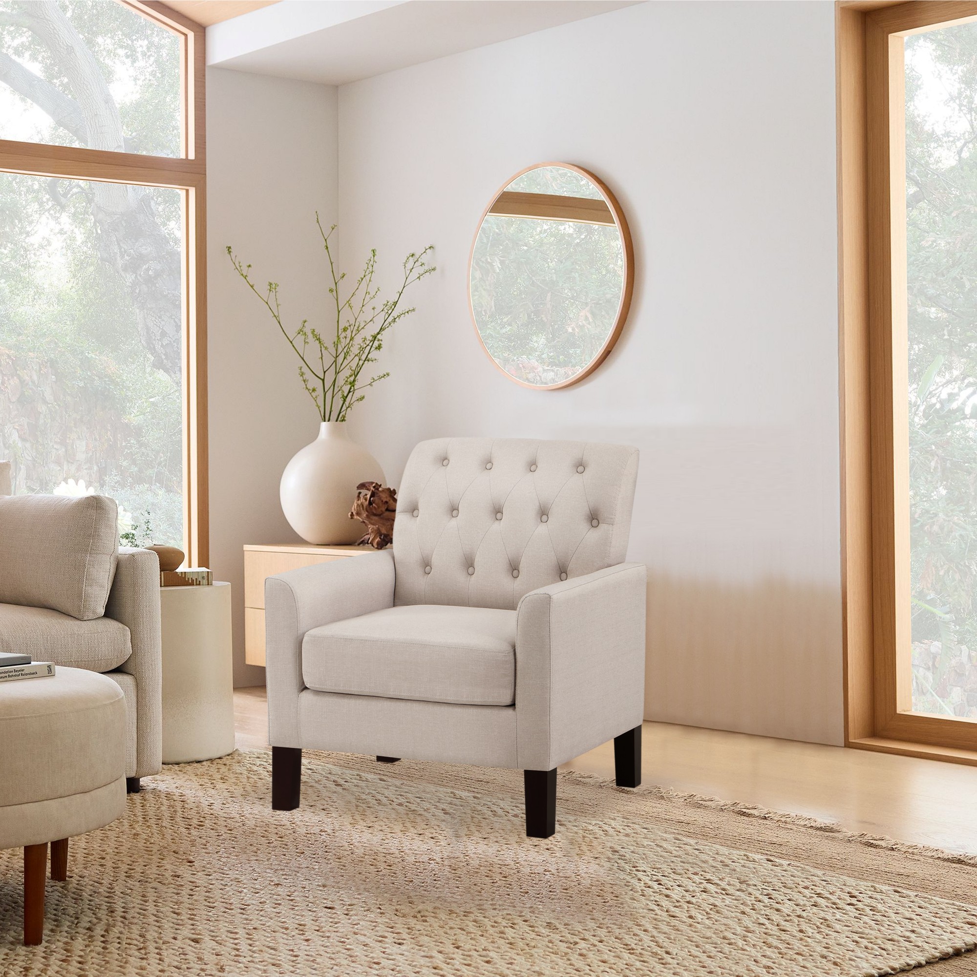 Gewnee Beige 30” Linen Accent Armchair, Solid Rubberwood Legs, Suitable for Living Room & Balcony