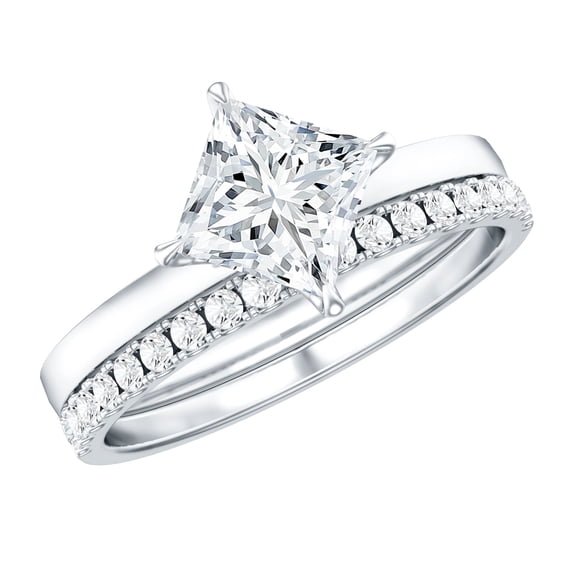 Rosec Jewels Certified Lab Grown Diamond Wedding Bridal Ring Set - 1 Carat Princess Cut Engagement Ring with Enhancer - EF-VS Grade, 925 Sterling Silver, US 4.00