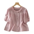 thumbnail image 4 of Gamivast Short Puff Sleeve Shirts for Women Ruffle Neck Button Down Blouses Casual Loose Fit Flowy Peplum Tops Summer Elegant Babydoll Tunic Tees for Women Pink XL, 4 of 7