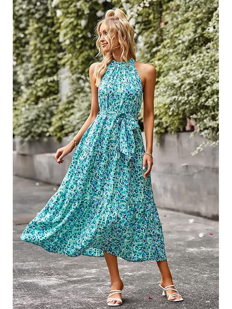 prettygarden boho dress Women's Summer Floral Maxi Sun Sleeveless Halter Neck Flowy Ruffle Hem Long Dresses with Belt Long Evening Dresses Elegant