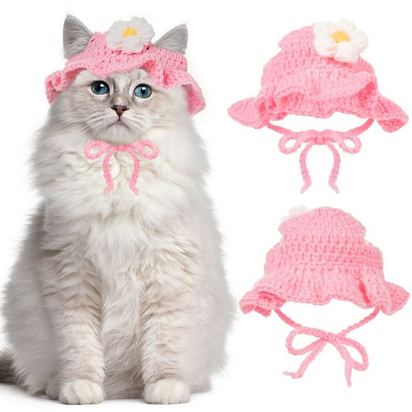 Knitted Cat Hat, Adorable Flower Princess Pet Cap Girly Pink, Kitten Costume Warm Hat for Winter Decoration, Soft Wool Hand-Knitted Hat for Cats, Kitten, Puppies