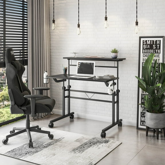 Techni Mobili Rolling Writing Desk with Height Adjustable Desktop and Shelf, Black, RTA-3800SU-BK