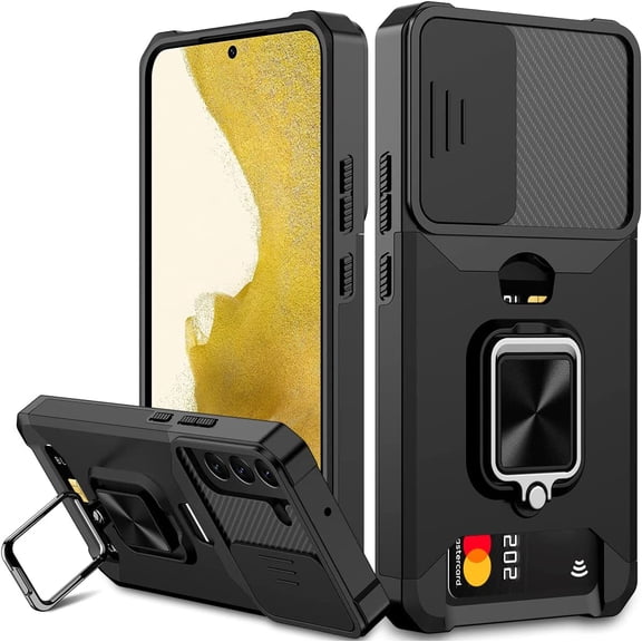 For Samsung S22 Plus Case with Sliding Camera Cover Heavy Duty Protective Galaxy S22 Plus Case with Card Holder Magnetic Kickstand Case for Samsung S22 Plus  6.6 inch(Black)